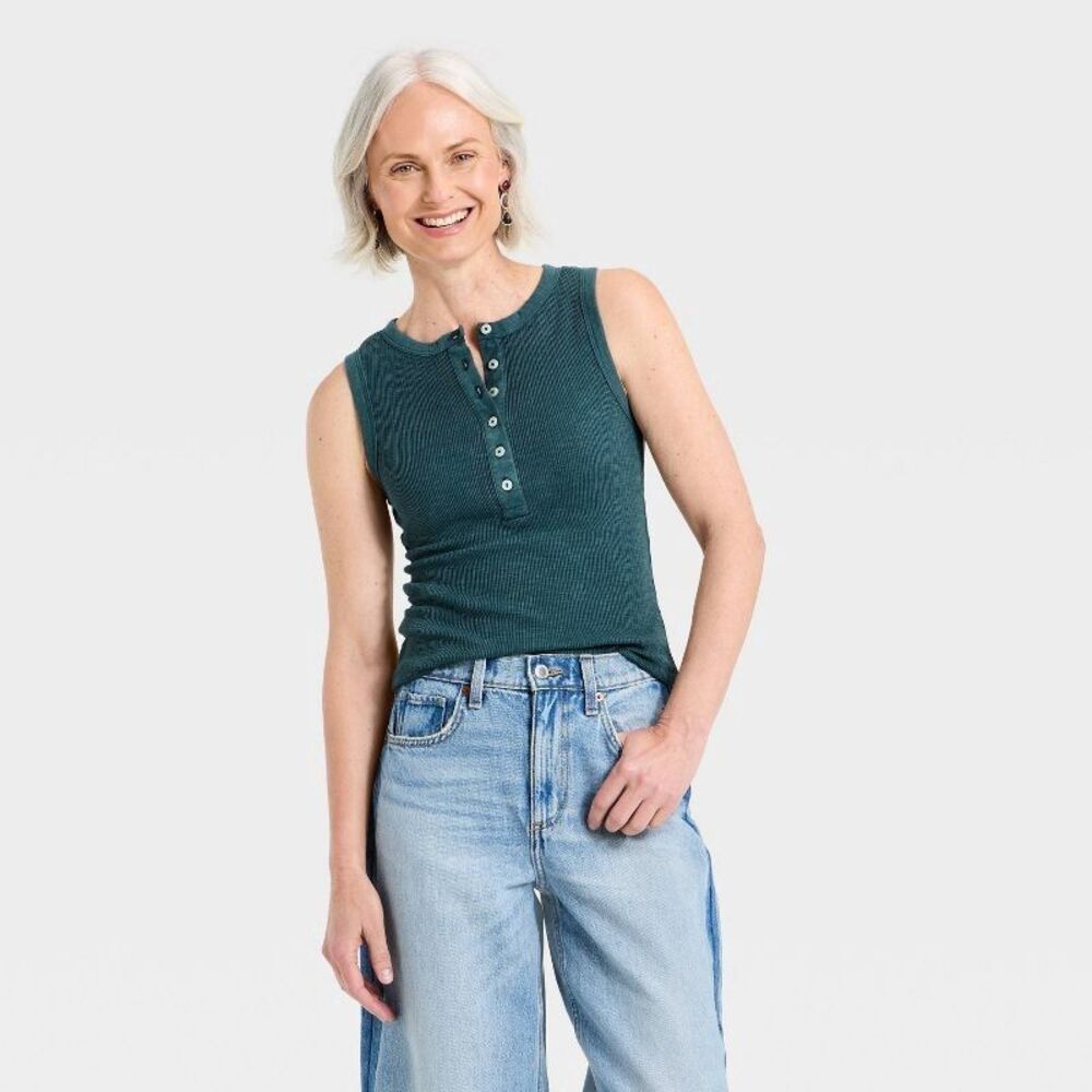 Universal Thread Women's Front Button Tank Top, Teal Blue, Size L